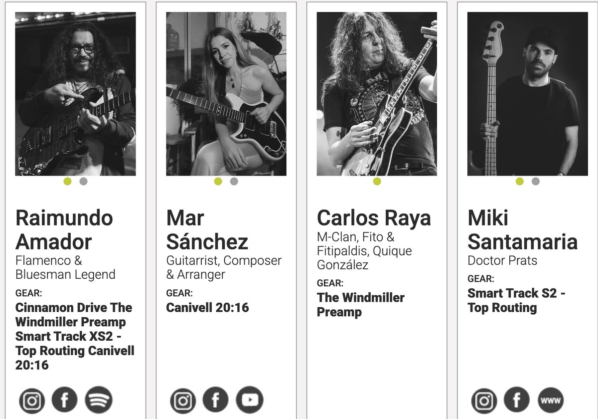 Previsualización de la página de artistas de Aclam / Canivell Guitars, con Mar Sánchez junto a Raimundo Amador, Carlos Raya y Miki Santamaria